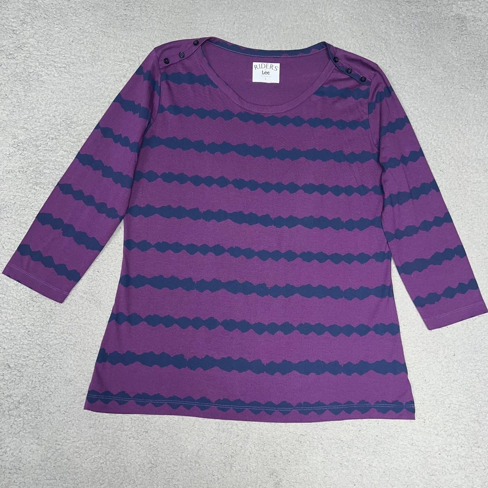 Riders by Lee Shirt Women's Size L Purple Blue Scalloped Striped 3/4 Sleeve Top